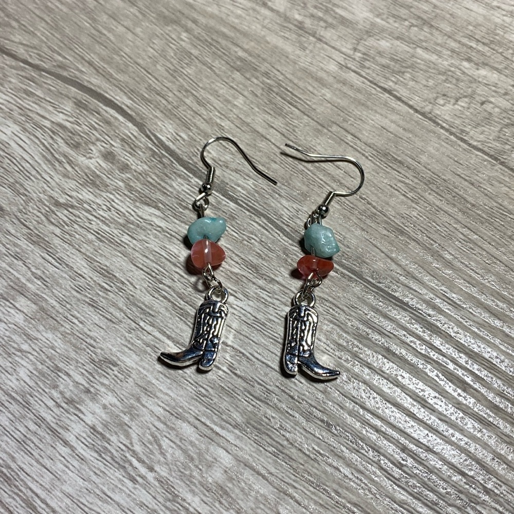 Amazonite and melting crystal cowboy boot earrings
